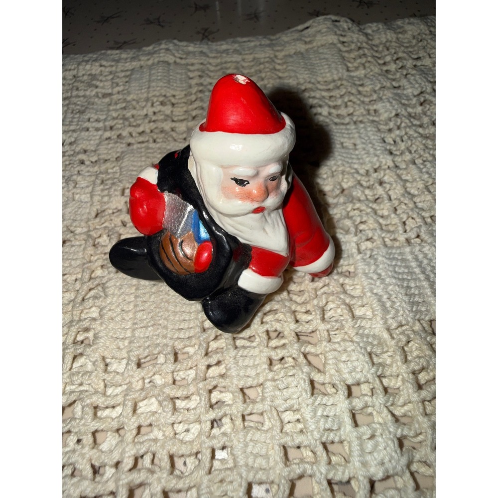 Vintage Ceramic Santa Claus Figurine Sitting with Toy Sack Basketball Retro 2.5"